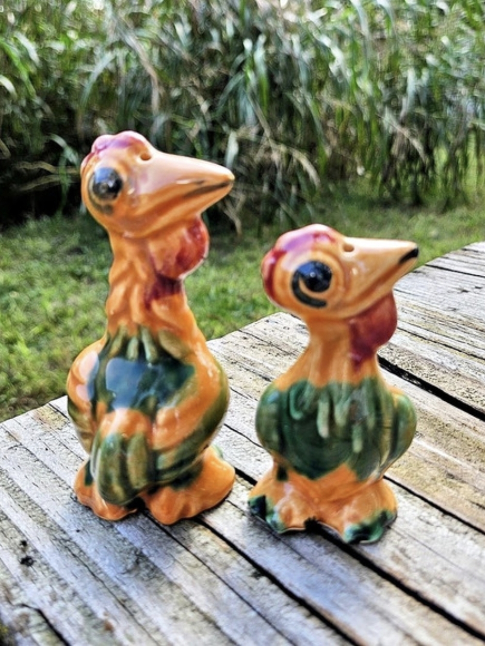 Salt and Pepper Shakers Painted Funny Bird Figurine Pair Orange & Green